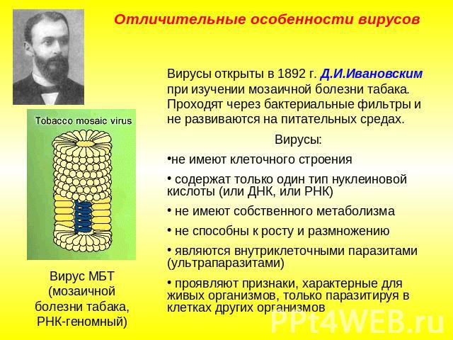 Отличительные особенности вирусов Вирусы открыты в 1892 г. Д.И.Ивановским при изучении мозаичной болезни табака. Проходят через бактериальные фильтры и не развиваются на питательных средах.Вирусы:не имеют клеточного строения содержат только один тип…