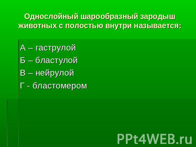 Однослойный шарообразный зародыш животных с полостью внутри называется: А – гаструлойБ – бластулойВ – нейрулойГ - бластомером