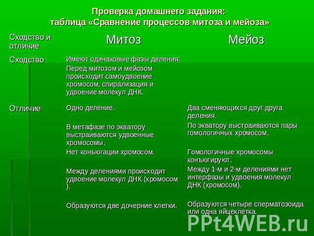 Проверка домашнего задания: таблица «Сравнение процессов митоза и мейоза»