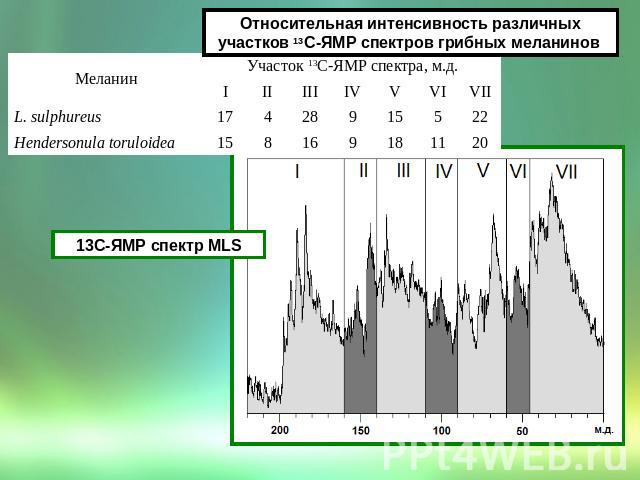 Относительная интенсивность различных участков 13С-ЯМР спектров грибных меланинов 13С-ЯМР спектр MLS