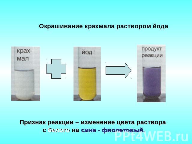 Окрашивание крахмала раствором йодаПризнак реакции – изменение цвета раствора с белого на сине - фиолетовый.