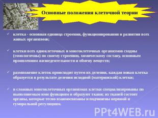 Основные положения клеточной теории клетка - основная единица строения, функцион