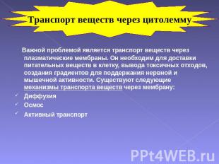 Транспорт веществ через цитолемму Важной проблемой является транспорт веществ че