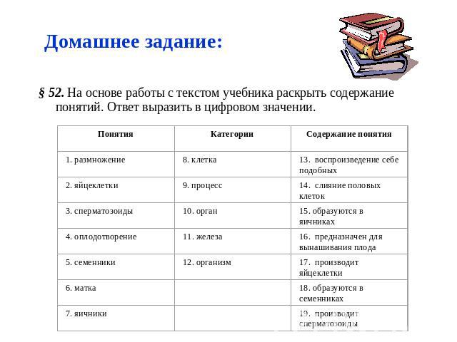 Домашнее задание: § 52. На основе работы с текстом учебника раскрыть содержание понятий. Ответ выразить в цифровом значении.