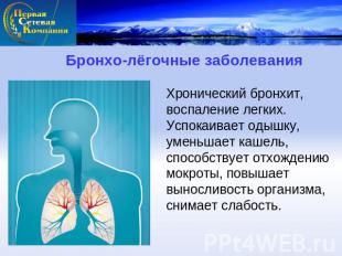 Бронхо-лёгочные заболеванияХронический бронхит, воспаление легких. Успокаивает о