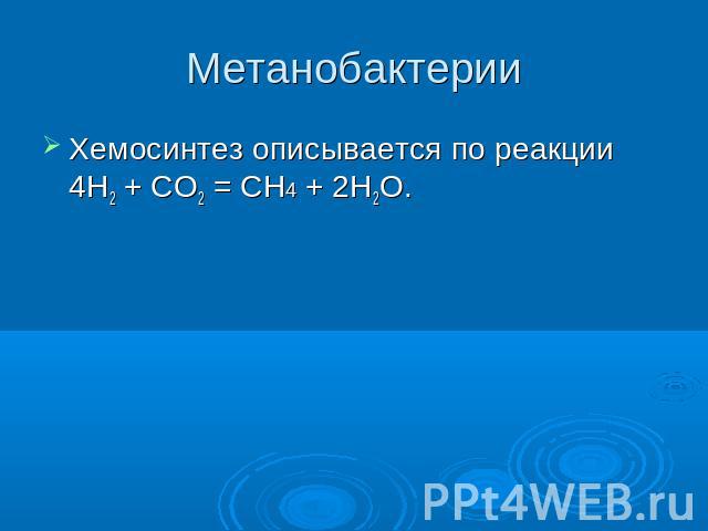 Метанобактерии Хемосинтез описывается по реакции 4H2 + CO2 = CH4 + 2H2O.
