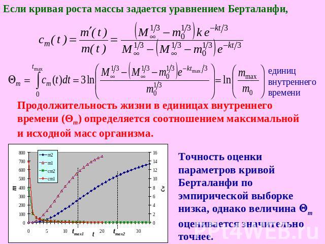 Если кривая роста массы задается уравнением Берталанфи, Продолжительность жизни в единицах внутреннего времени (Θm) определяется соотношением максимальной и исходной масс организма. Точность оценки параметров кривой Берталанфи по эмпирической выборк…