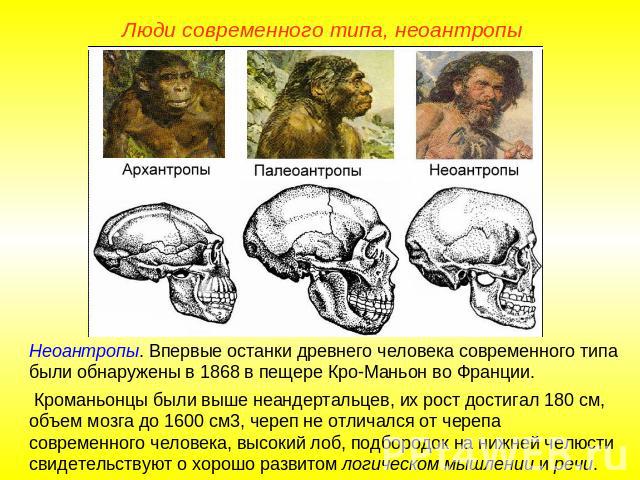 Люди современного типа, неоантропы Неоантропы. Впервые останки древнего человека современного типа были обнаружены в 1868 в пещере Кро-Маньон во Франции. Кроманьонцы были выше неандертальцев, их рост достигал 180 см, объем мозга до 1600 см3, череп н…