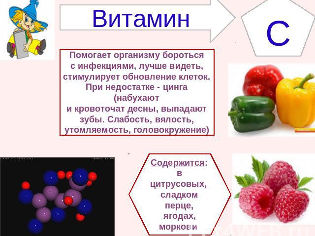 ВитаминСПомогает организму боротьсяс инфекциями, лучше видеть,стимулирует обновление клеток.При недостатке - цинга (набухаюти кровоточат десны, выпадаютзубы. Слабость, вялость,утомляемость, головокружение)Содержится:в цитрусовых, сладком перце,ягода…