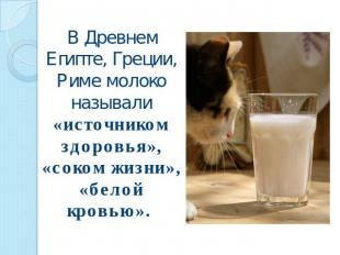 В Древнем Египте, Греции, Риме молоко называли «источником здоровья», «соком жиз