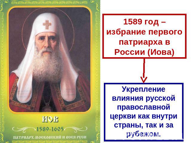 1589 год – избрание первого патриарха в России (Иова) Укрепление влияния русской православной церкви как внутри страны, так и за рубежом.