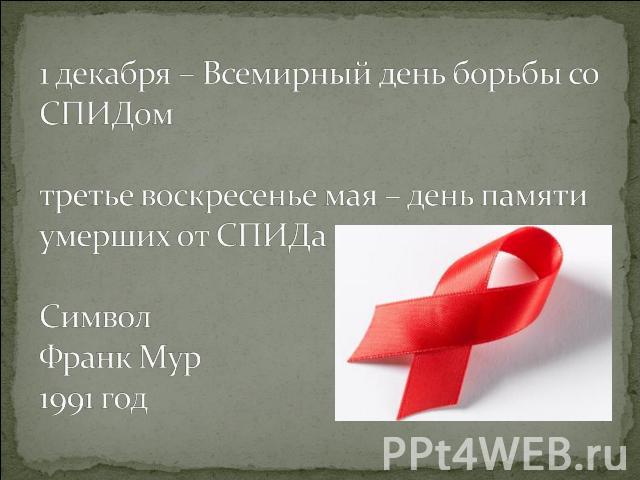 1 декабря – Всемирный день борьбы со СПИДомтретье воскресенье мая – день памяти умерших от СПИДаСимволФранк Мур1991 год