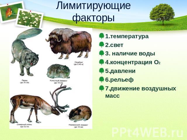 Лимитирующиефакторы 1.температура 2.свет 3. наличие воды 4.концентрация О2 5.давлени 6.рельеф 7.движение воздушных масс