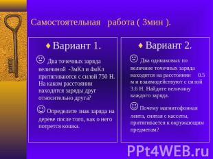 Самостоятельная работа ( 3мин ). Вариант 1. Два точечных заряда величиной -3мКл