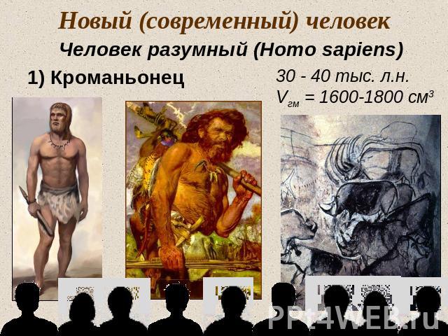 Новый (современный) человекЧеловек разумный (Homo sapiens)1) Кроманьонец30 - 40 тыс. л.н.Vгм = 1600-1800 см3