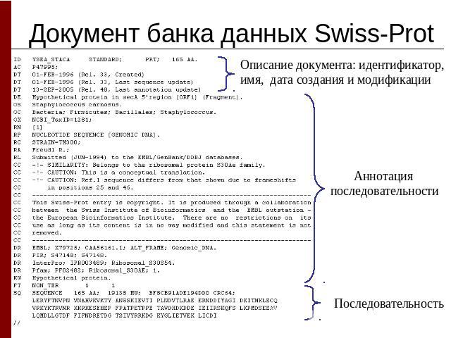 Документ банка данных Swiss-ProtОписание документа: идентификатор, имя, дата создания и модификации Аннотация последовательностиПоследовательность