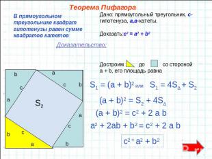 Теорема ПифагораВ прямоугольном треугольнике квадрат гипотенузы равен сумме квад