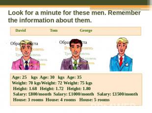 Look for a minute for these men. Remember the information about them.Age: 25 kgs