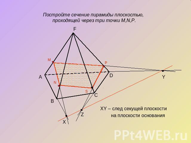 Постройте сечение пирамиды плоскостью, проходящей через три точки M,N,P.XY – след секущей плоскости на плоскости основания