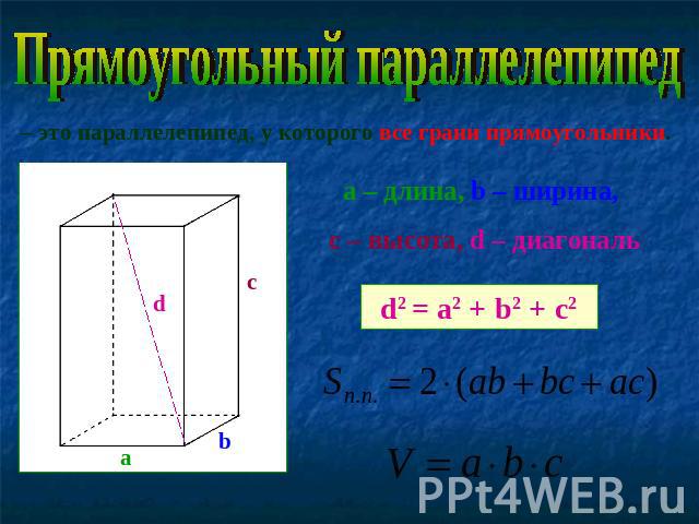 Прямоугольный параллелепипед– это параллелепипед, у которого все грани прямоугольники.a – длина, b – ширина, с – высота, d – диагональ