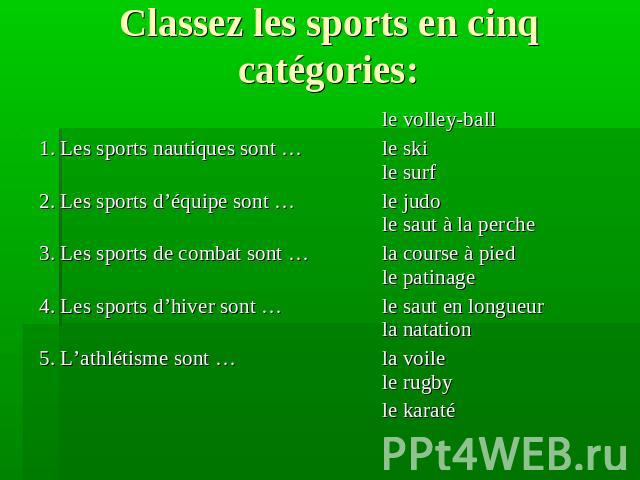 Classez les sports en cinq catégories: