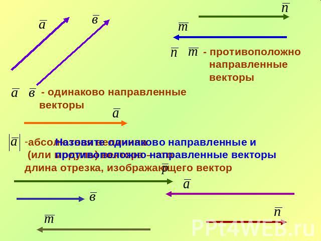 - противоположно направленные векторы- одинаково направленныевекторыабсолютная величина (или модуль) вектора – этодлина отрезка, изображающего вектор