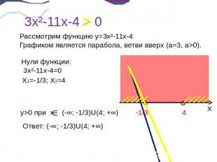 Рассмотрим функцию y=3x²-11x-4Графиком является парабола, ветви вверх (а=3, а>0)