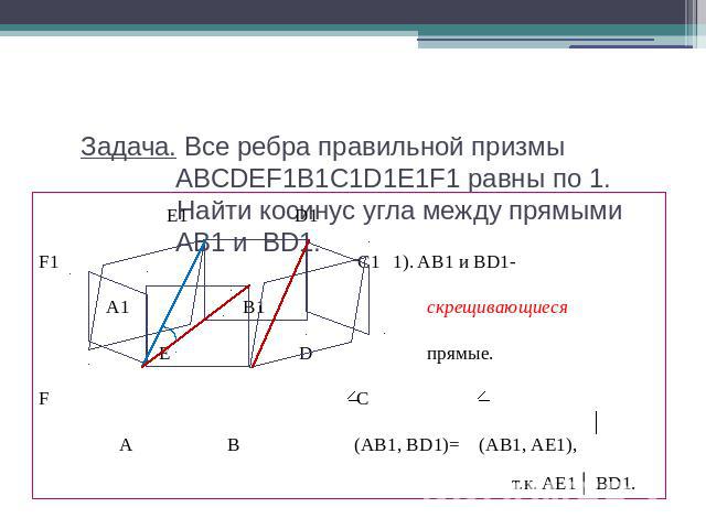Задача. Все ребра правильной призмы ABCDEF1B1C1D1E1F1 равны по 1. Найти косинус угла между прямыми AB1 и BD1. E1 D1 F1 C1 1). AB1 и BD1- A1 B1 скрещивающиеся E D прямые.F C A B (AB1, BD1)= (AB1, AE1), т.к. AE1│ BD1.