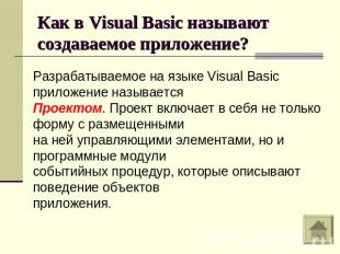 Как в Visual Basic называют создаваемое приложение?Разрабатываемое на языке Visu