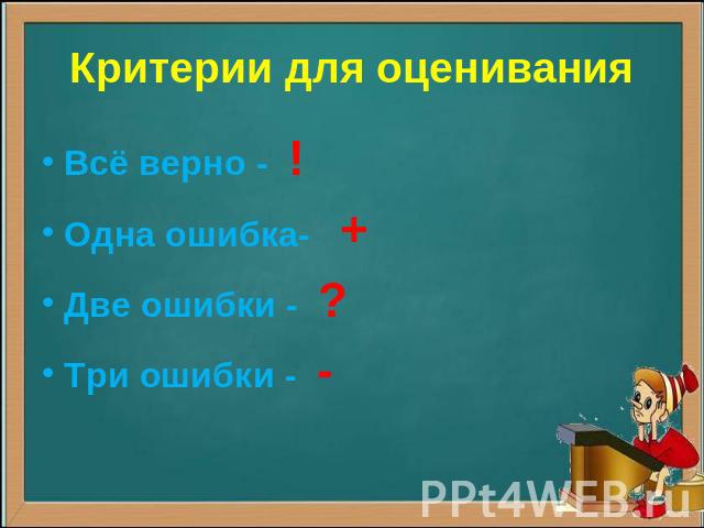 Критерии для оцениванияВсё верно - !Одна ошибка- +Две ошибки - ?Три ошибки - -