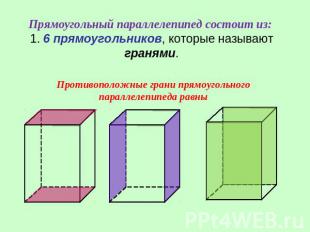 Прямоугольный параллелепипед состоит из: 1. 6 прямоугольников, которые называют