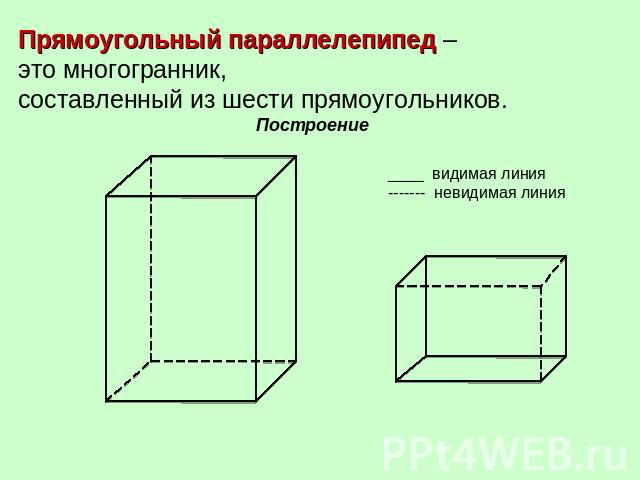 Прямоугольный параллелепипед – это многогранник, составленный из шести прямоугольников.Построениевидимая линия------- невидимая линия