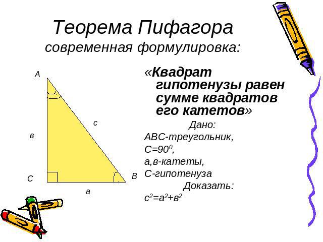 Теорема Пифагорасовременная формулировка:Квадрат гипотенузы равен сумме квадратов его катетов» Дано:АВС-треугольник,С=900,а,в-катеты, С-гипотенуза Доказать:с2=а2+в2