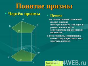 Понятие призмыПризма - это многогранник состоящий из двух плоских многоугольнико