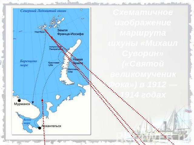 Схематичное изображение маршрута шхуны «Михаил Суворин» («Святой великомученик Фока») в 1912 —1914 годах