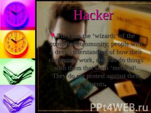 HackerThey are the ‘wizards’ of the computer community; people with a deep under