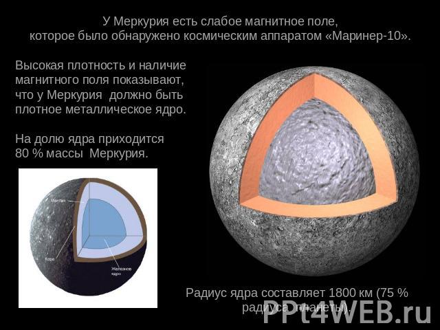 У Меркурия есть слабое магнитное поле, которое было обнаружено космическим аппаратом «Маринер-10». Высокая плотность и наличие магнитного поля показывают, что у Меркурия  должно быть  плотное металлическое ядро. На долю ядра приходится  80 % массы  …