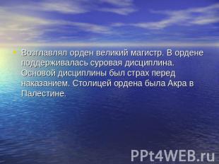 Возглавлял орден великий магистр. В ордене поддерживалась суровая дисциплина. Ос