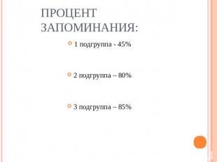 Процент запоминания:1 подгруппа - 45%2 подгруппа – 80%3 подгруппа – 85%