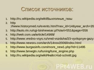 Список источников: http://ru.wikipedia.org/wiki/Выхлопные_газы http://www.histor