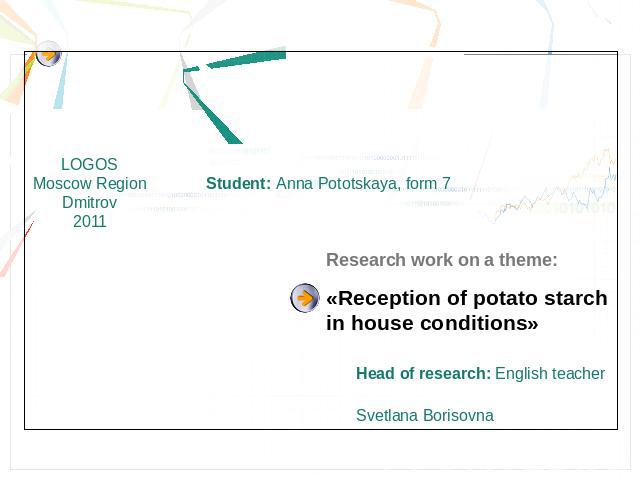 Student: Anna Pototskaya, form 7Research work on a theme:«Reception of potato starch in house conditions»Head of research: English teacher Svetlana Borisovna