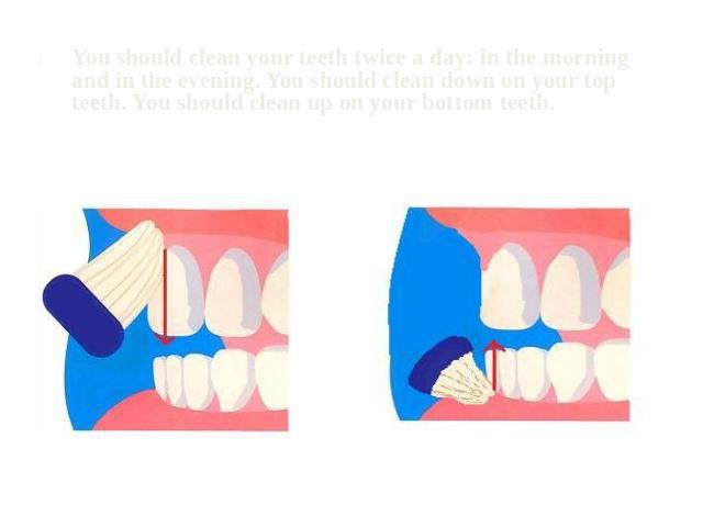 You should clean your teeth twice a day: in the morning and in the evening. You should clean down on your top teeth. You should clean up on your bottom teeth.