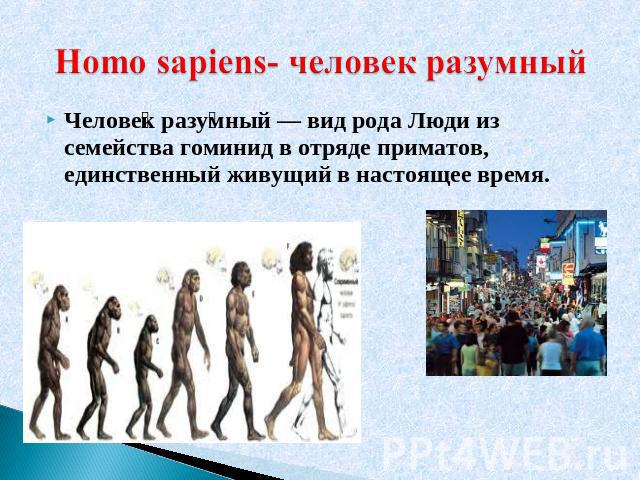 Homo sapiens- человек разумныйЧеловек разумный — вид рода Люди из семейства гоминид в отряде приматов, единственный живущий в настоящее время.