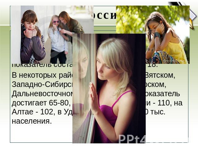 За последние несколько лет уровень самоубийств несколько снизился (с 41 - в 1995 до 36 - в 2007). В Москве суицидальный показатель составляет 11, в Питере - 18. В некоторых районах России (Волго-Вятском, Западно-Сибирском, Восточно-Сибирском, Дальне…