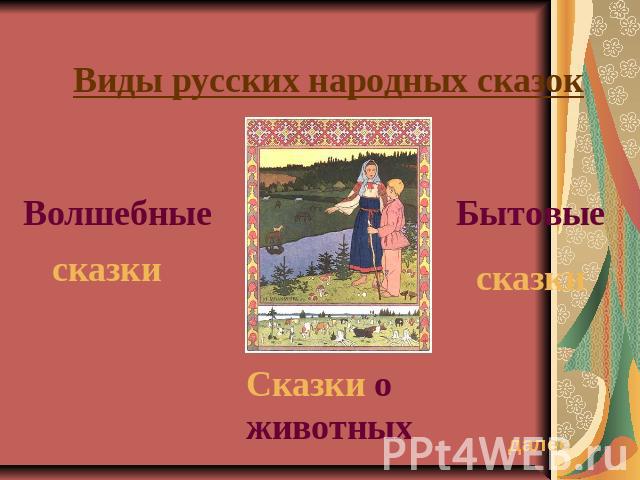 Виды русских народных сказок Волшебные сказки Бытовые сказки Сказки о животных