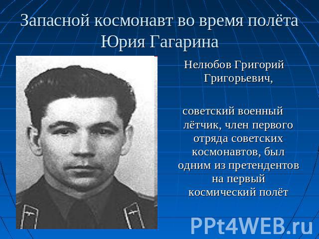 Запасной космонавт во время полёта Юрия Гагарина Нелюбов Григорий Григорьевич, советский военный лётчик, член первого отряда советских космонавтов, был одним из претендентов на первый космический полёт