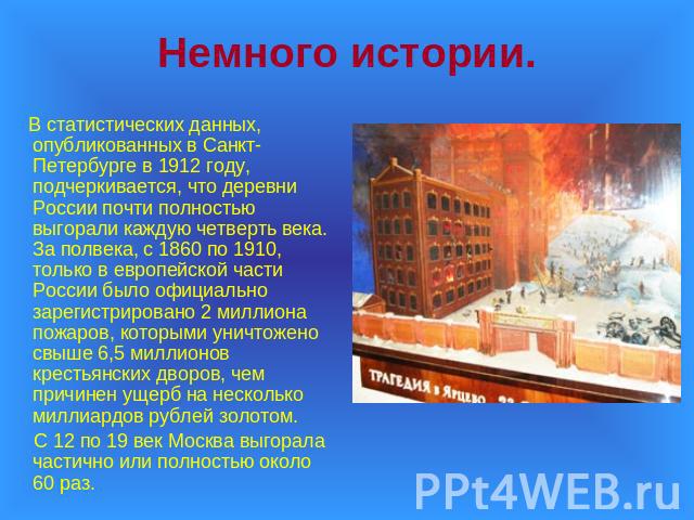 В статистических данных, опубликованных в Санкт-Петербурге в 1912 году, подчеркивается, что деревни России почти полностью выгорали каждую четверть века. За полвека, с 1860 по 1910, только в европейской части России было официально зарегистрировано …