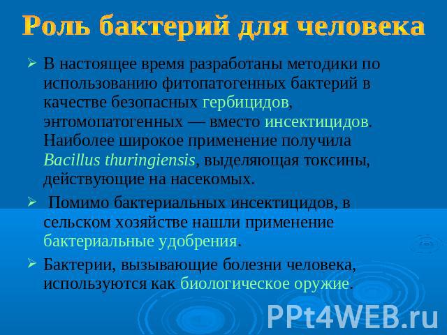 Роль бактерий для человека В настоящее время разработаны методики по использованию фитопатогенных бактерий в качестве безопасных гербицидов, энтомопатогенных — вместо инсектицидов. Наиболее широкое применение получила Bacillus thuringiensis, выделяю…