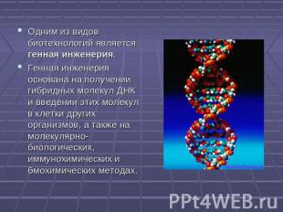 Одним из видов биотехнологий является генная инженерия. Генная инженерия основан