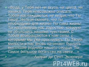 «Вода, у Тебя нет ни вкуса, ни цвета, ни запаха, Тебя невозможно описать, Тобой